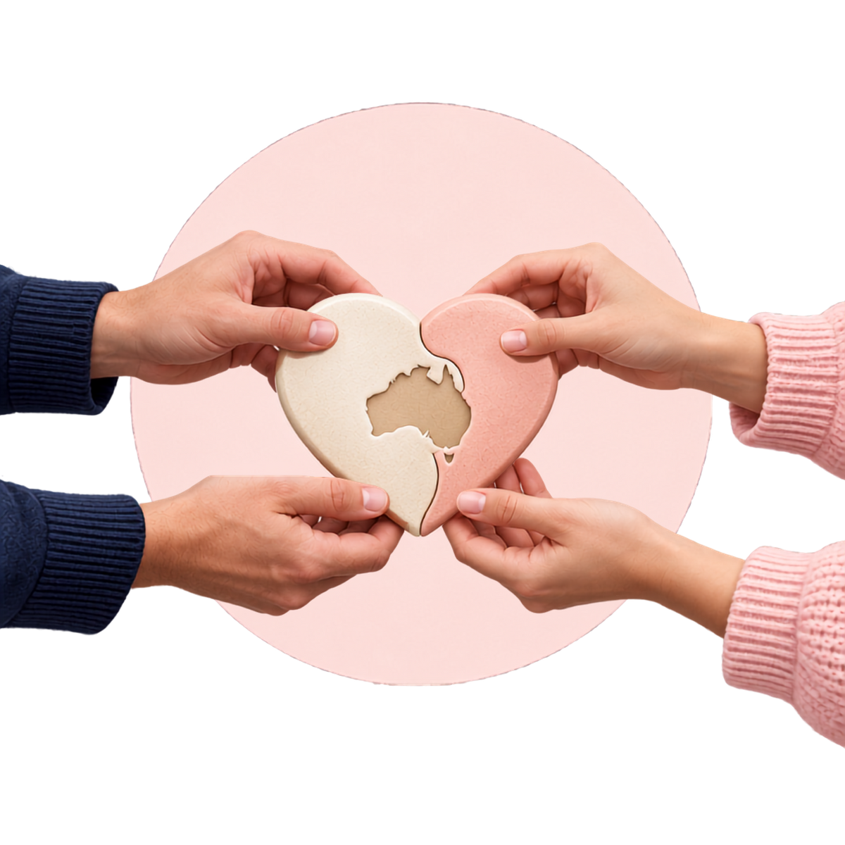 Hands joining heart-shaped pieces around Australia to represent a community partnership