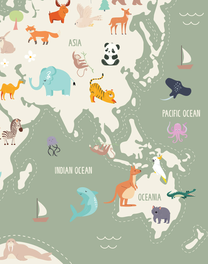 World Map Print with Animals - A4 - Unframed - White Australia