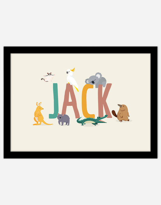Personalised Australian Animal Name Print - A4 - Black Frame - Cream Australia