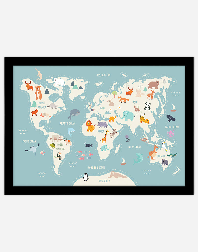 World Map Print with Animals - A4 - Black Frame - Ocean Australia