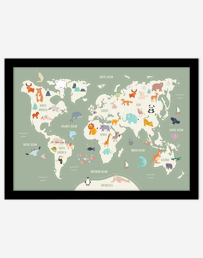 World Map Print with Animals - A4 - Black Frame - Sage Australia