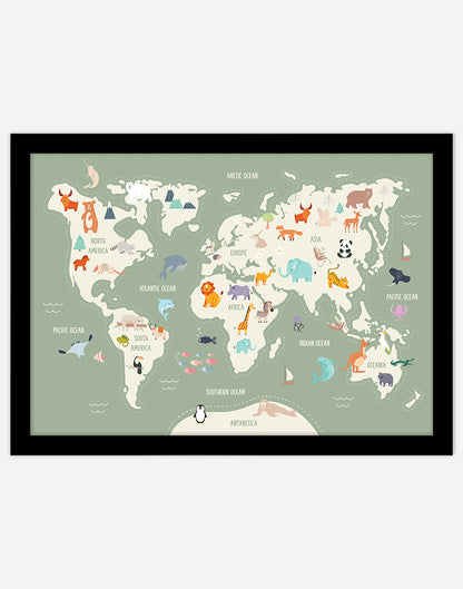World Map Print with Animals - A4 - Black Frame - Sage Australia