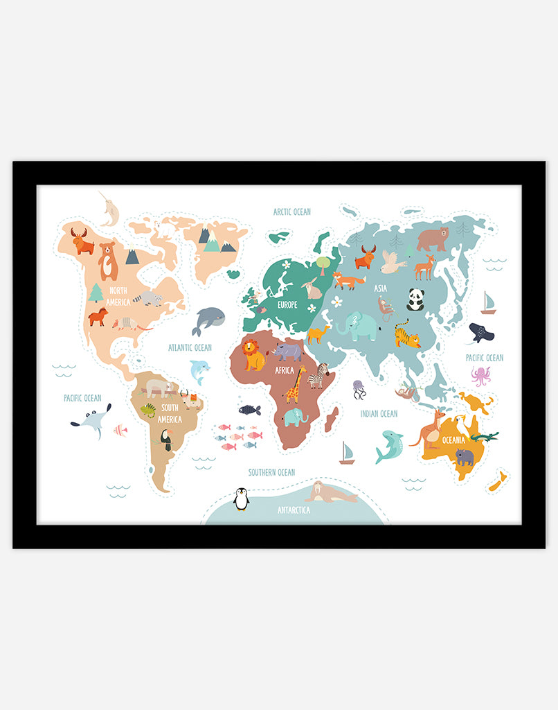 World Map Print with Animals - A4 - Black Frame - White Australia