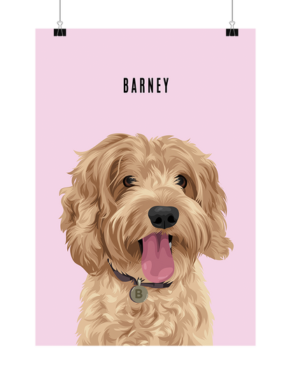Hand-illustrated golden doodle portrait named Barney on pink background – unframed custom pet art print by Oh Barney Australia