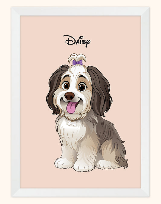 Framed custom pet portrait of a dog named Daisy, Disney style illustration on peach background with white frame (Australia A4 Print).