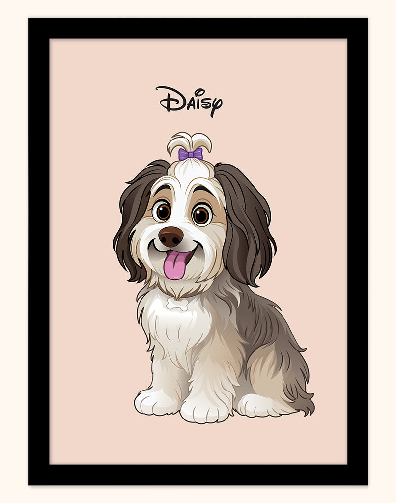 Framed custom pet portrait of a dog named Daisy, Disney style illustration on peach background with black frame (Australia A4 print).