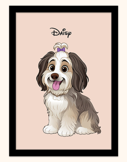 Framed custom pet portrait of a dog named Daisy, Disney style illustration on peach background with black frame (Australia A4 print).