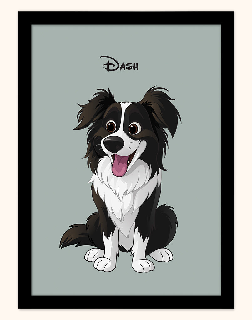 Framed custom pet portrait of cartoon dog Dash, Disney style illustration on sage background with black frame (Australia A4 print).