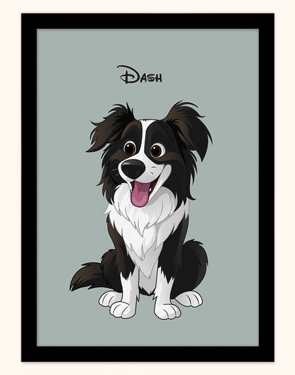 Framed custom pet portrait of cartoon dog Dash, Disney style illustration on sage background with black frame (Australia A4 print).