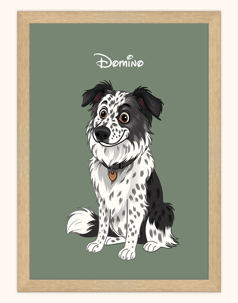 Illustration of a dog named 'Domino' on a green background with a wooden frame. (Australia Framed Portrait, A4 print)