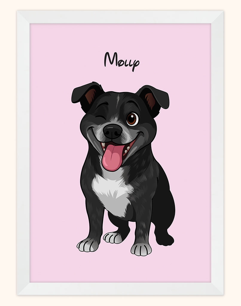 Framed custom pet portrait of cartoon dog Molly, Disney style illustration on light pink background with white frame (Australia A4 Print).