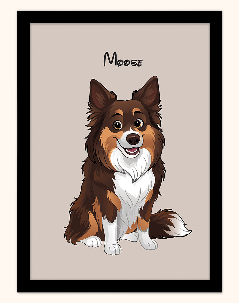 Framed custom pet portrait of cartoon dog Moose, Disney style illustration on oat background with black frame (Australia A4 print).