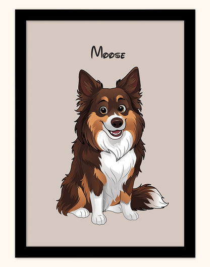 Framed custom pet portrait of cartoon dog Moose, Disney style illustration on oat background with black frame (Australia A4 print).