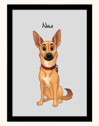 Custom pet portrait print of cartoon dog Nala, Disney style illustration on light grey background in black frame (Australia A4 Print).
