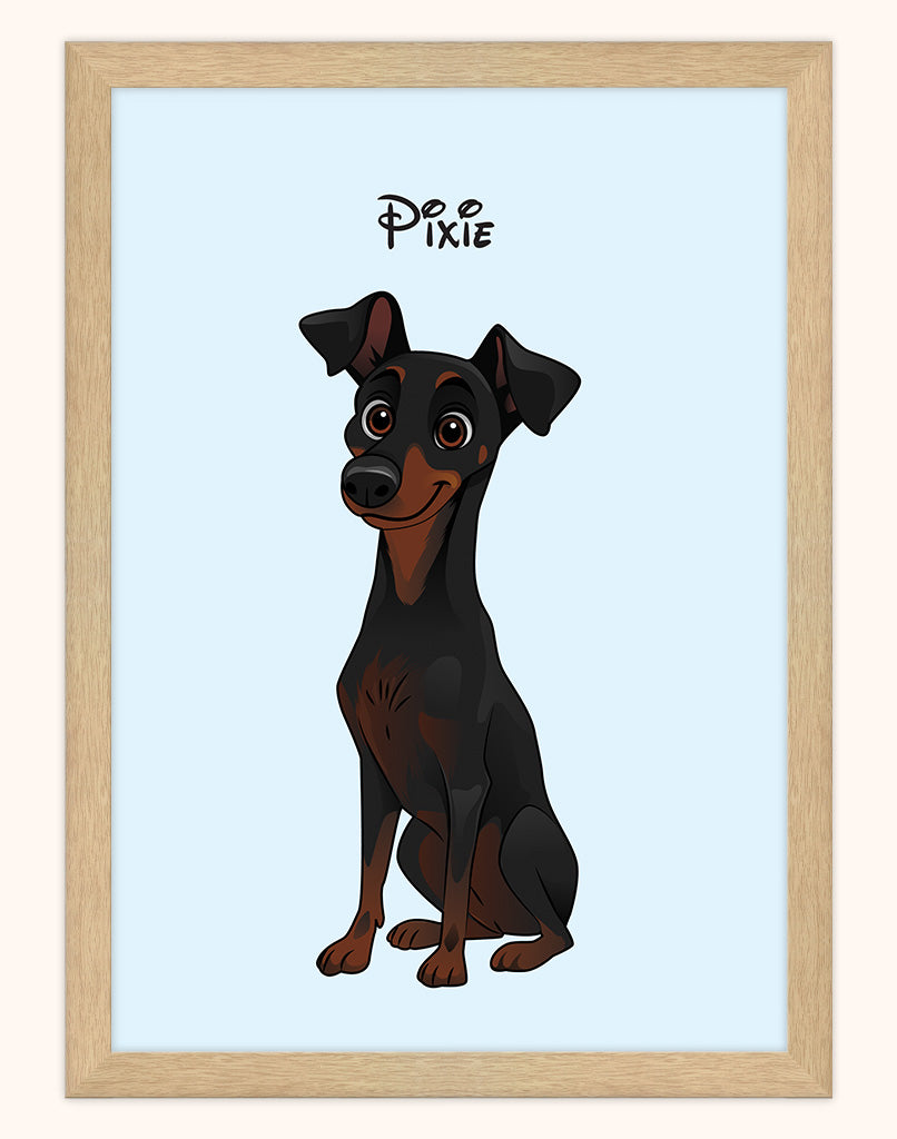 Framed custom pet portrait of cartoon dog Pixie, Disney style on light blue background with wooden frame (A4 print, Australia).
