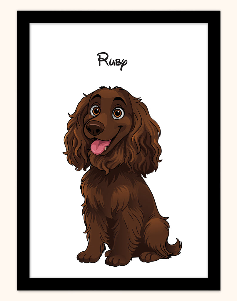 Framed custom pet portrait of cartoon dog Ruby, Disney style illustration on white background with black frame (Australia A4 print).