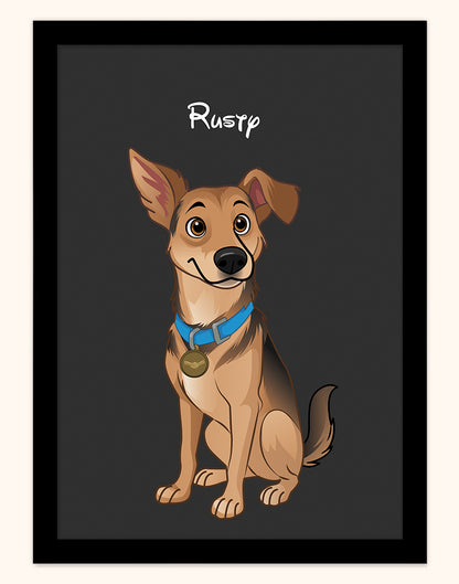 Custom pet portrait print of cartoon dog Rusty, Disney style on dark grey background in black frame. (Framed A4 print, Australia)