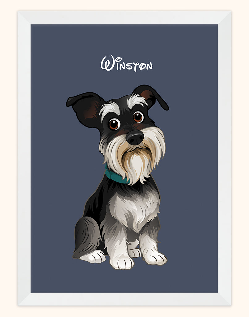 Framed custom pet portrait of cartoon dog Winston, Disney style on navy background with white frame (Australia A4 print).