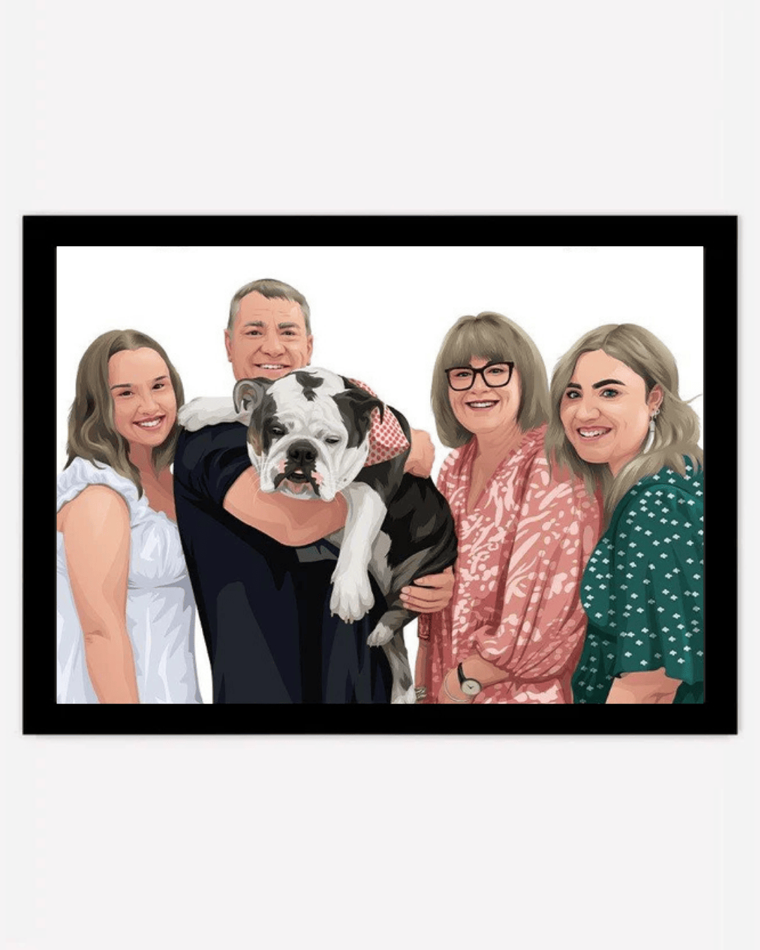 Custom Pet & Person Portrait - A3 - Black Frame - 1 Pet & 4 People Australia