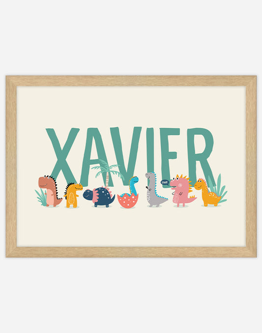 Personalised Dinosaur Name Print - A4 - Timber Frame - Cream Australia
