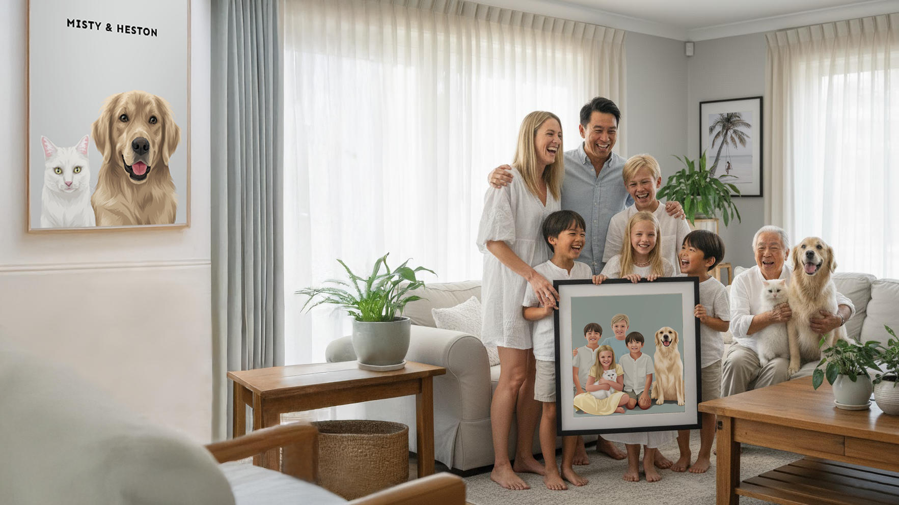 Custom pet portrait wall art, family with framed cat & dog, Oh Barney