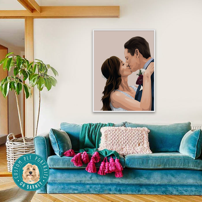 Framed personalised couple portrait displayed as romantic wall art in a modern home