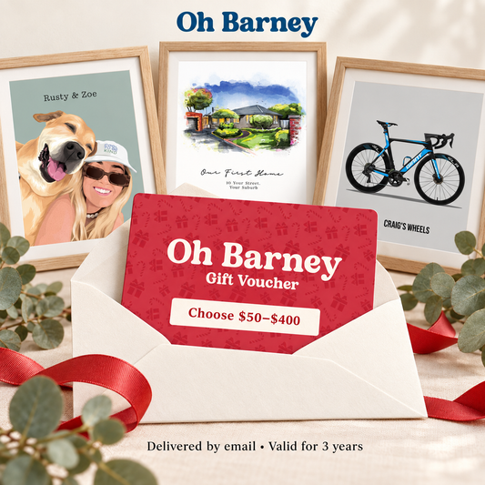 Oh Barney Christmas gift voucher with original pet, house and bike portrait examples