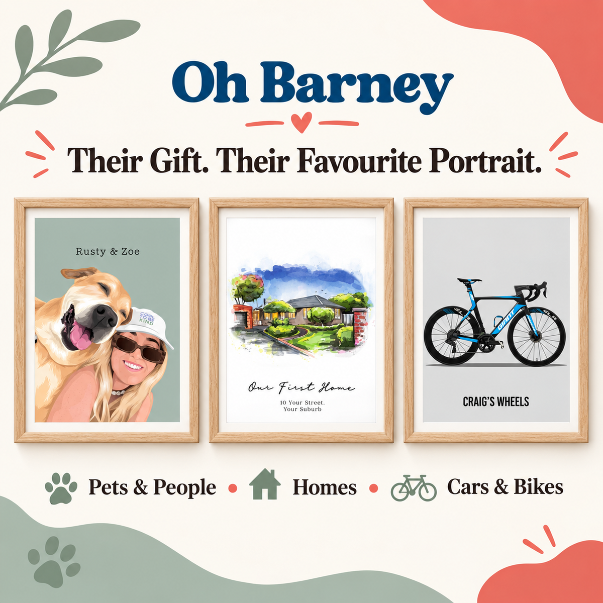 Original Oh Barney pet and person, house and bike portrait gift options