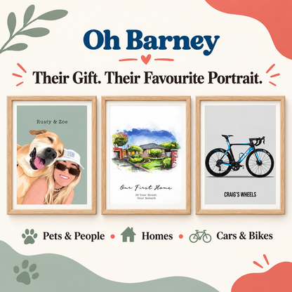 Original Oh Barney pet and person, house and bike portrait gift options