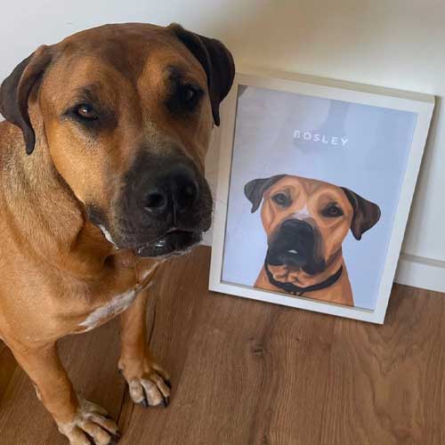 White framed dog portraits displayed at home