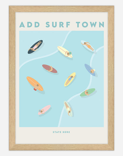 Surf Town Australia Aerial Surf Print - A4 - Timber Frame - Add Your Own Australia