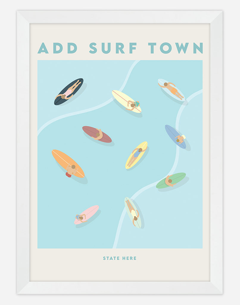 Surf Town Australia Aerial Surf Print - A4 - White Frame - Add Your Own Australia