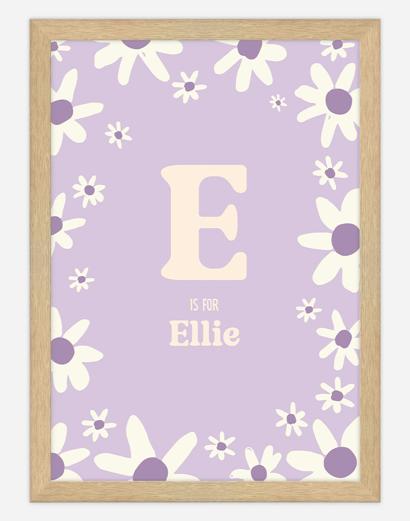 Personalised Daisy Name Print - A4 - Timber Frame - Lavender Australia