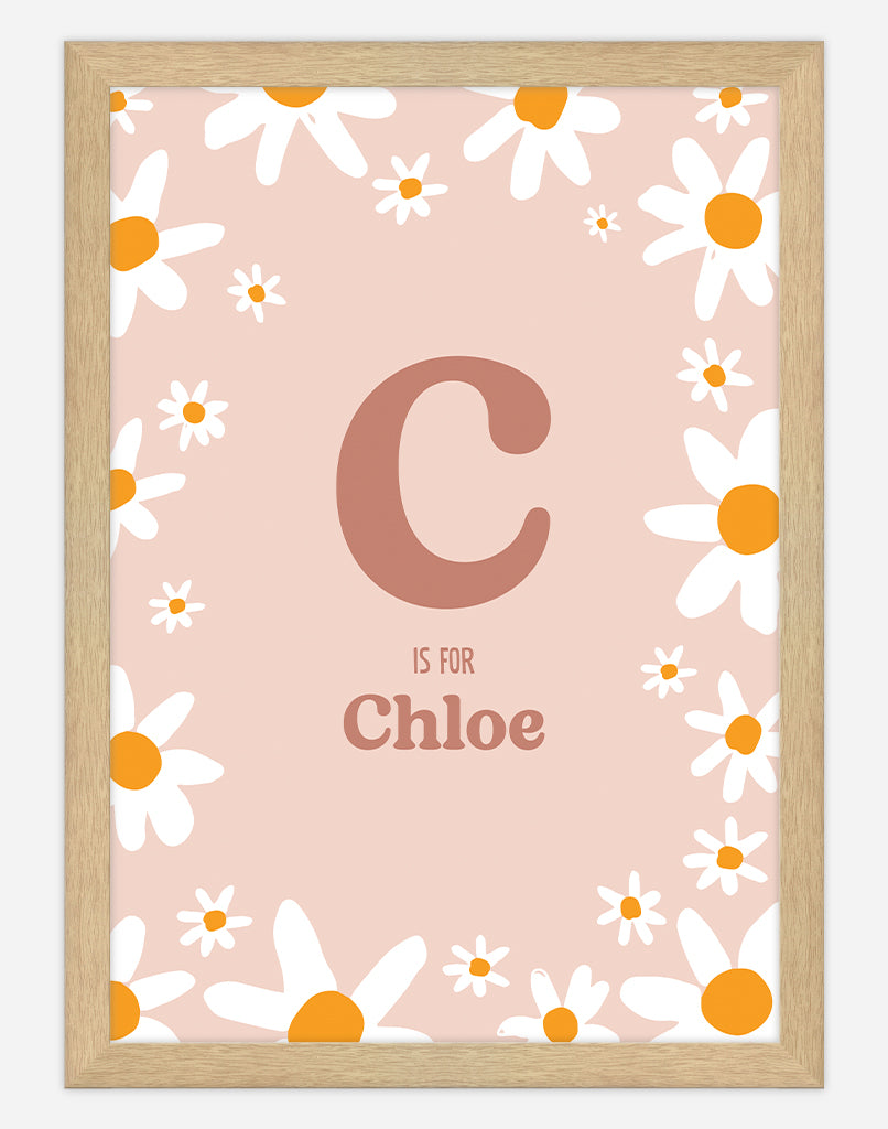 Personalised Daisy Name Print - A4 - Timber Frame - Rose Australia