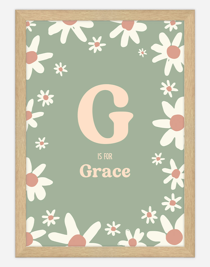 Personalised Daisy Name Print - A4 - Timber Frame - Sage Australia