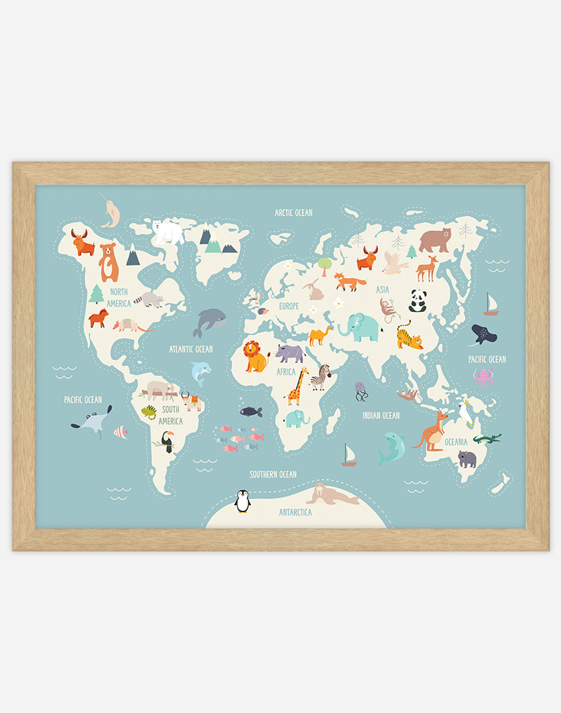 World Map Print with Animals - A4 - Timber Frame - Ocean Australia