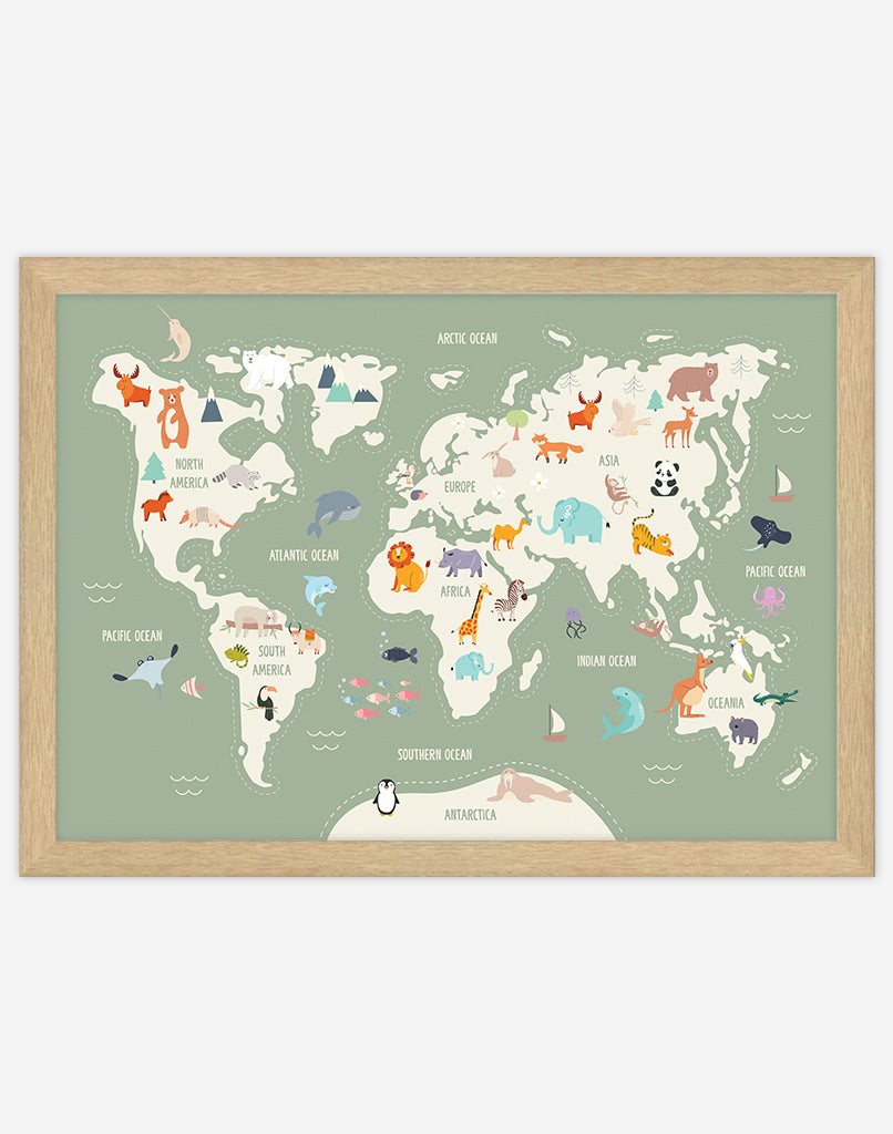 World Map Print with Animals - A4 - Timber Frame - Sage Australia