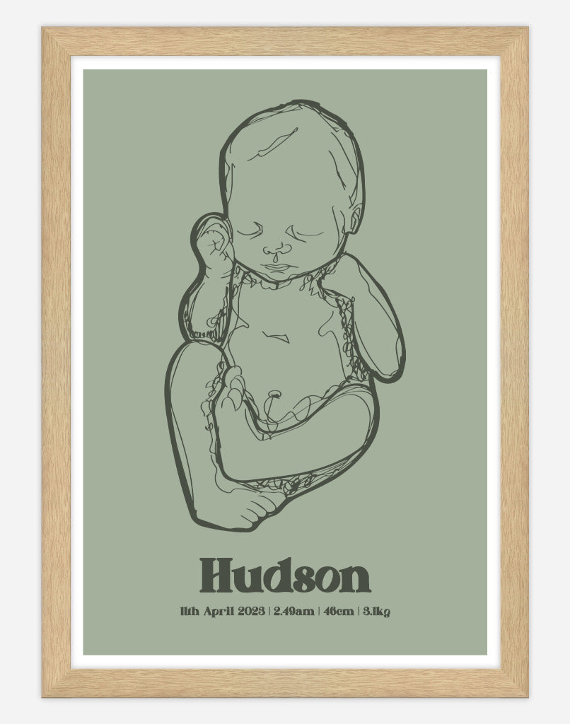Custom Birth Poster - A4 - Timber Frame - Sage Australia