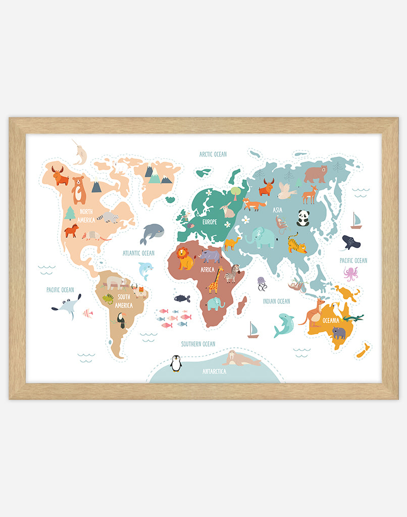 World Map Print with Animals - A4 - Timber Frame - White Australia