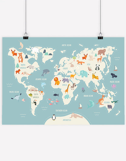 World Map Print with Animals - A4 - Unframed - Ocean Australia