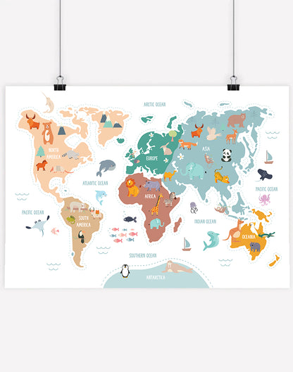 World Map Print with Animals - A4 - Unframed - White Australia