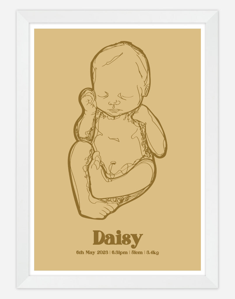 Custom Birth Poster - A4 - White Frame - Golden Australia