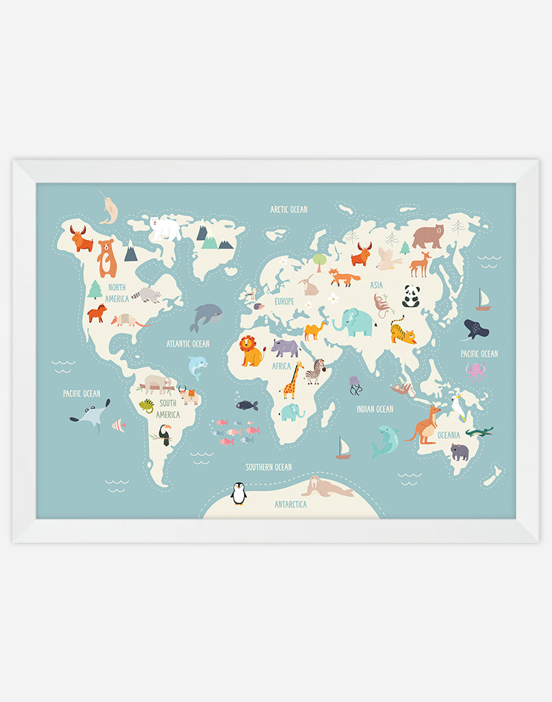 World Map Print with Animals - A4 - White Frame - Ocean Australia