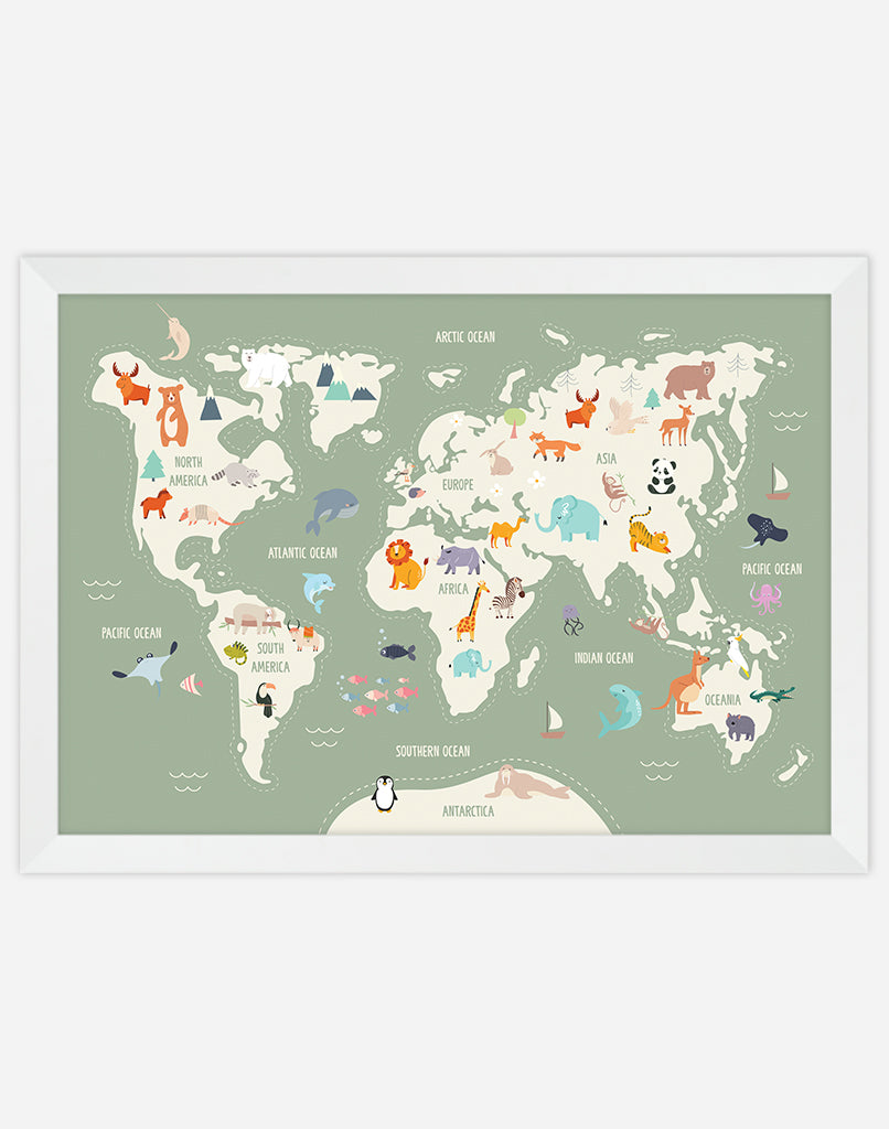 World Map Print with Animals - A4 - White Frame - Sage Australia
