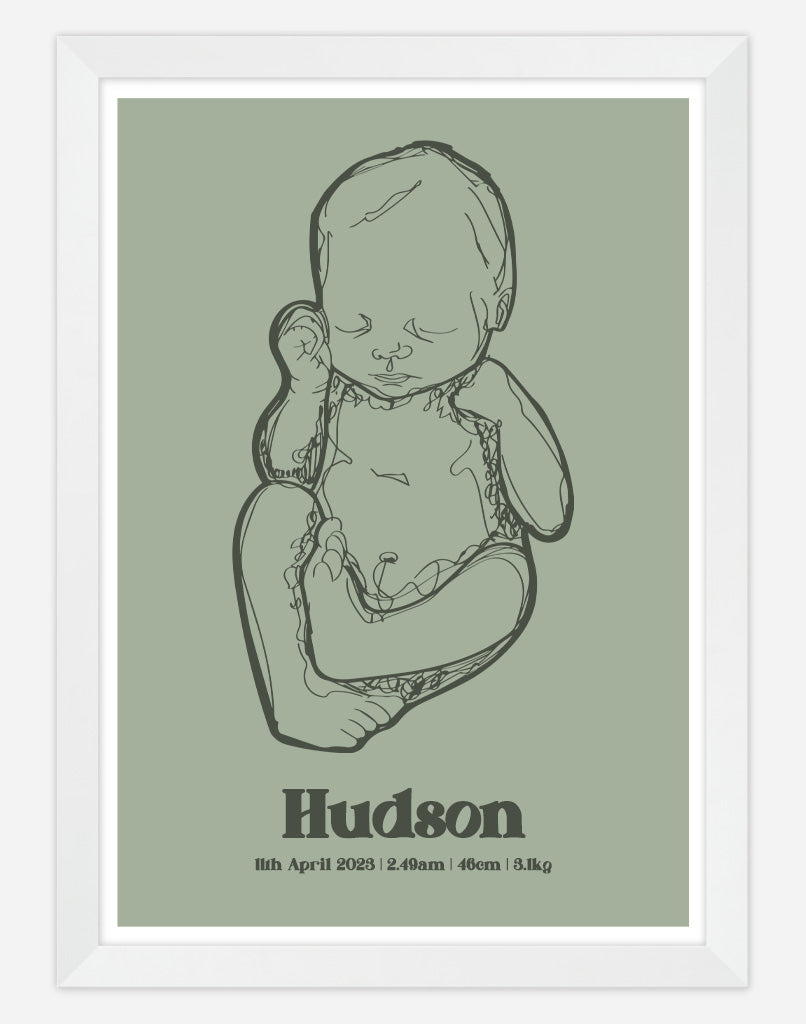 Custom Birth Poster - A4 - White Frame - Sage Australia