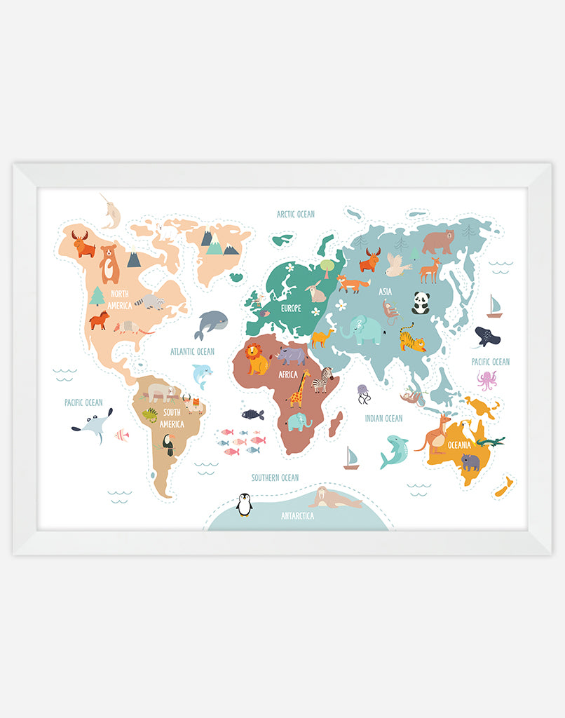 World Map Print with Animals - A4 - White Frame - White Australia