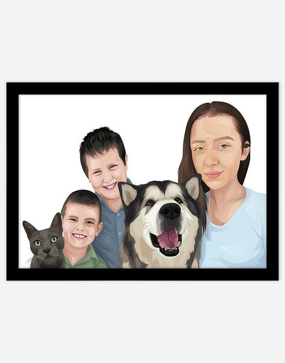 Custom Pet & Person Portrait - A3 - Black Frame - 1 Pet & 4 People Australia