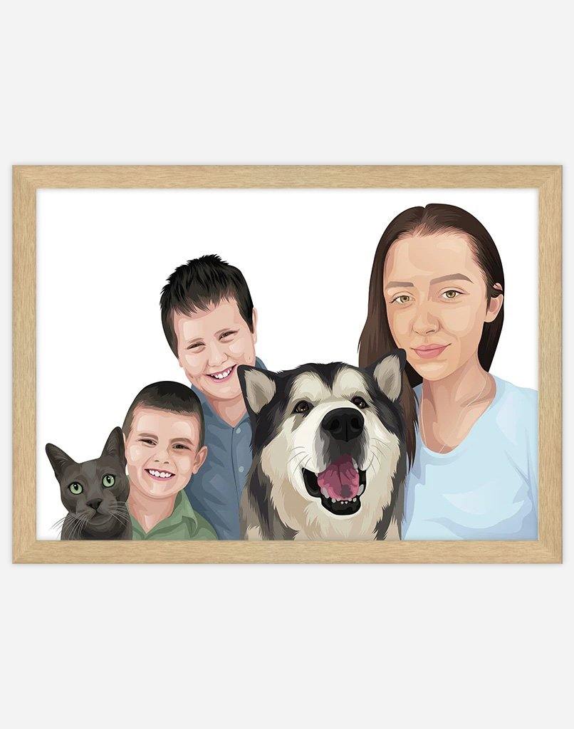Custom Pet & Person Portrait - A3 - Timber Frame - 1 Pet & 4 People Australia