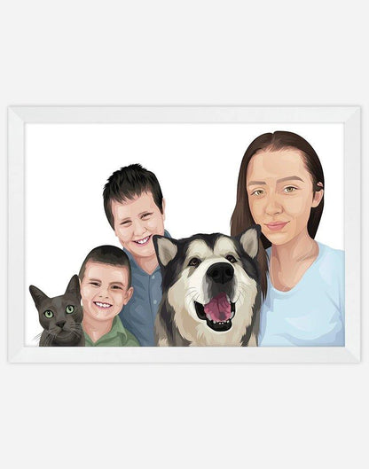 Custom Pet & Person Portrait - A3 - White Frame - 1 Pet & 4 People Australia