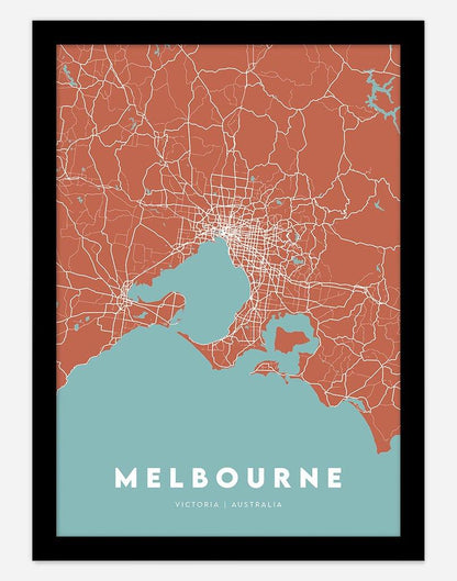 Melbourne Map (Rust & Teal) | Wall Art - A4 - Black Frame - Australia